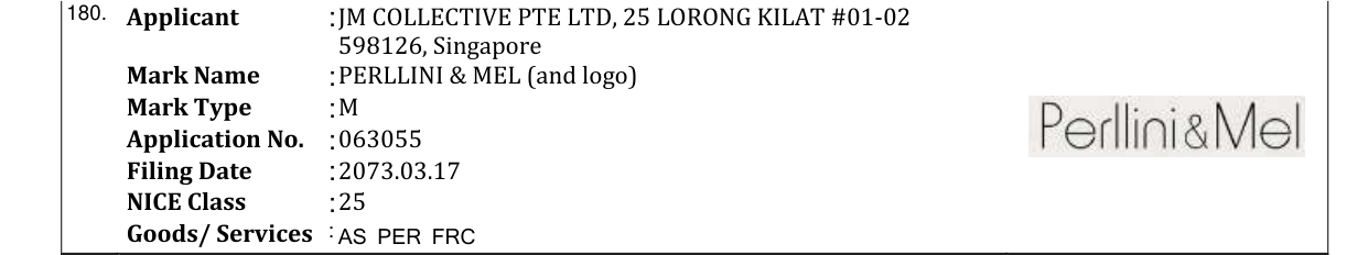 Original bulletin entry for PERLLINI & MEL (and logo)