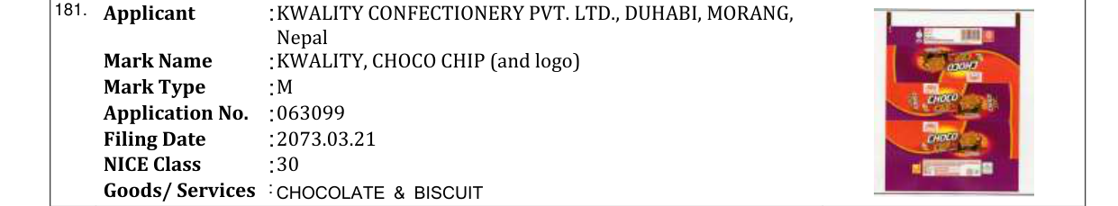 Original bulletin entry for KWALITY, CHOCO CHIP (and logo)