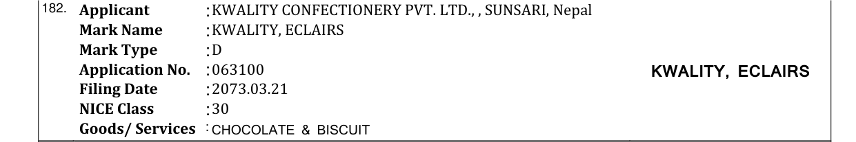 Original bulletin entry for KWALITY, ECLAIRS