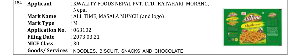 Original bulletin entry for ALL TIME, MASALA MUNCH (and logo)