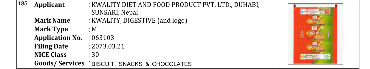 Original bulletin entry for KWALITY, DIGESTIVE (and logo)