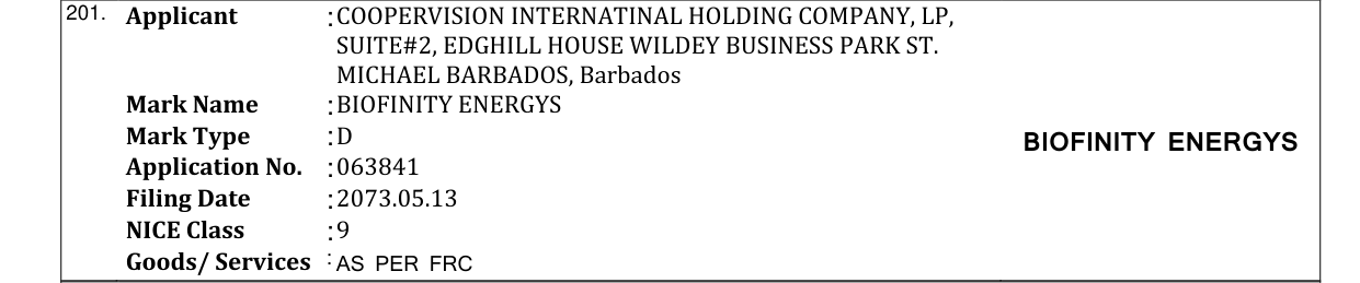 Original bulletin entry for BIOFINITY ENERGYS