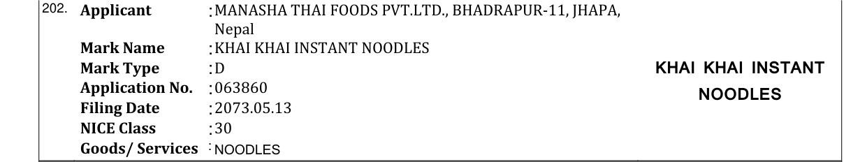 Original bulletin entry for KHAI KHAI INSTANT NOODLES