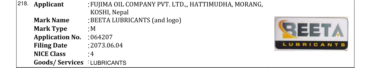 Original bulletin entry for BEETA LUBRICANTS (and logo)