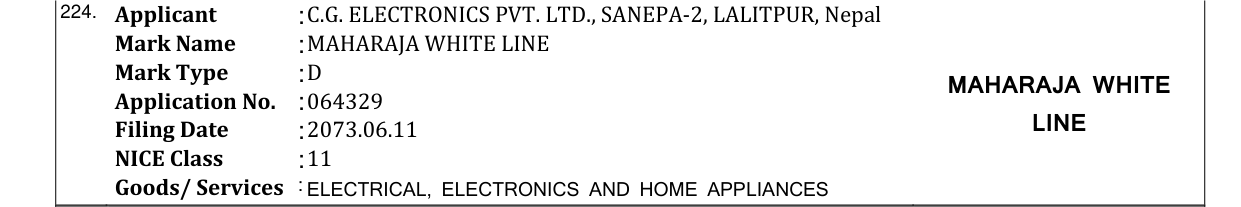 Original bulletin entry for MAHARAJA WHITE LINE