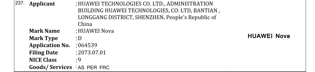 Original bulletin entry for HUAWEI Nova