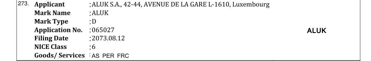 Original bulletin entry for ALUK