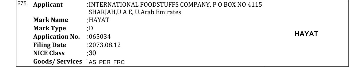 Original bulletin entry for HAYAT