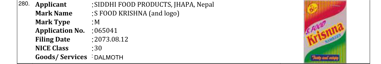 Original bulletin entry for S FOOD KRISHNA (and logo)