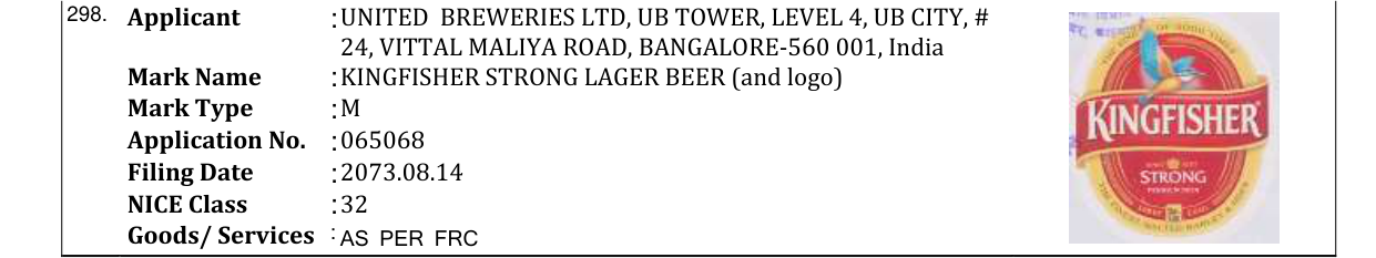 Original bulletin entry for KINGFISHER STRONG LAGER BEER (and logo)