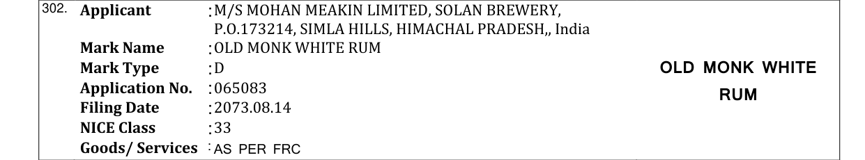 Original bulletin entry for OLD MONK WHITE RUM