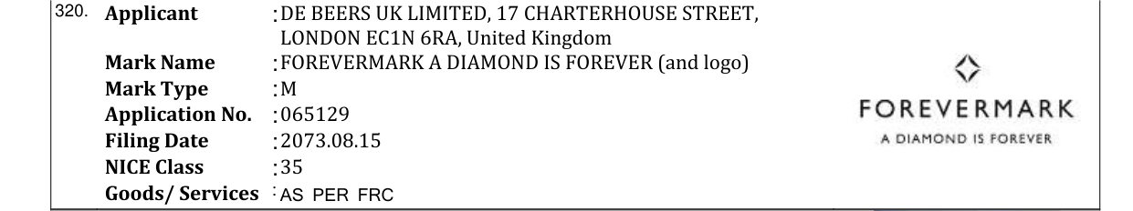 Original bulletin entry for FOREVERMARK A DIAMOND IS FOREVER (and logo)