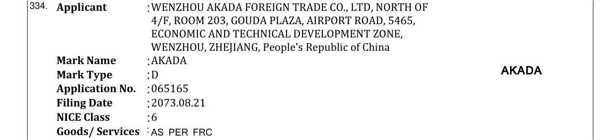 Original bulletin entry for AKADA