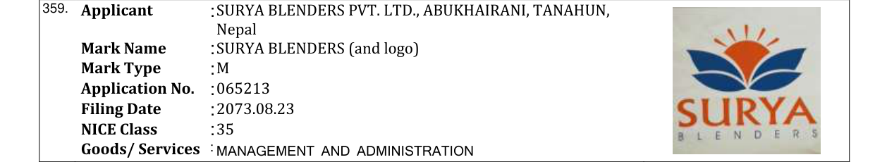 Original bulletin entry for SURYA BLENDERS (and logo)