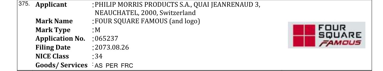 Original bulletin entry for FOUR SQUARE FAMOUS (and logo)
