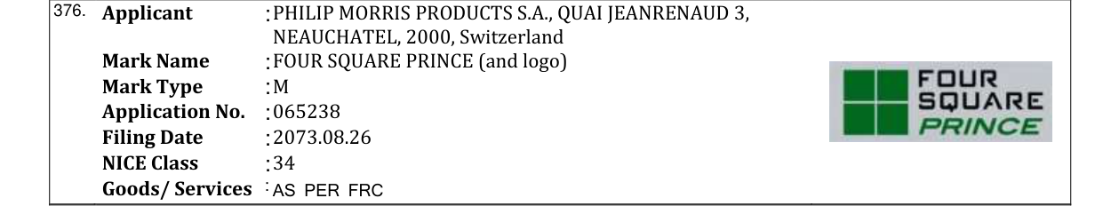 Original bulletin entry for FOUR SQUARE PRINCE (and logo)