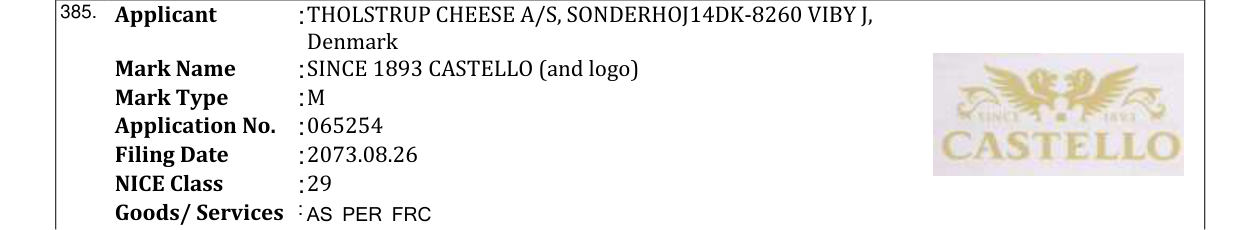 Original bulletin entry for SINCE 1893 CASTELLO (and logo)
