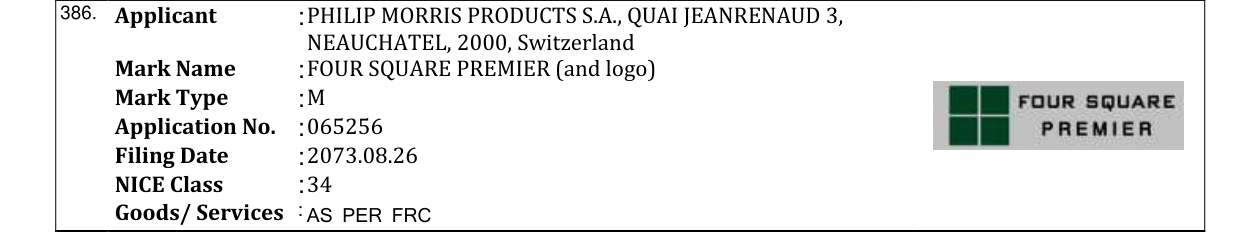 Original bulletin entry for FOUR SQUARE PREMIER (and logo)