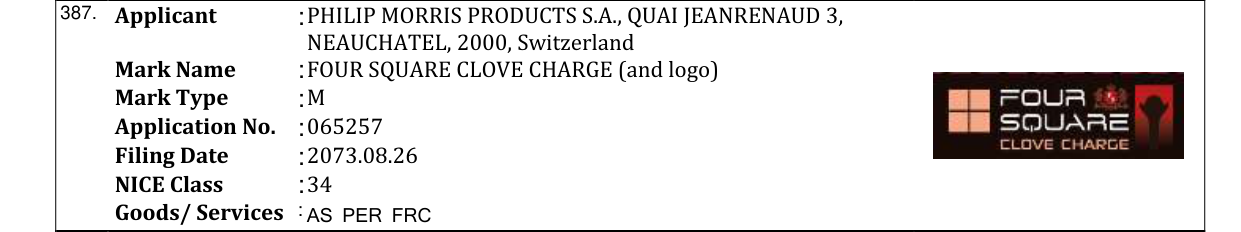 Original bulletin entry for FOUR SQUARE CLOVE CHARGE (and logo)