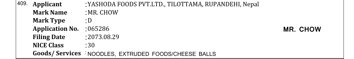 Original bulletin entry for MR. CHOW