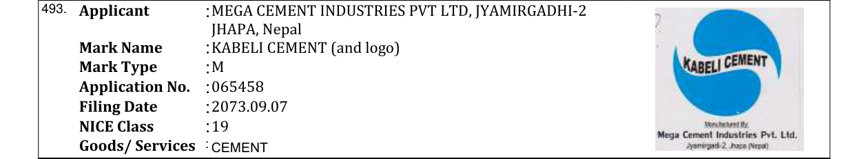 Original bulletin entry for KABELI CEMENT (and logo)