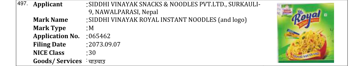 Original bulletin entry for SIDDHI VINAYAK ROYAL INSTANT NOODLES (and logo)