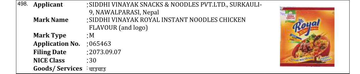 Original bulletin entry for SIDDHI VINAYAK ROYAL INSTANT NOODLES CHICKEN FLAVOUR (and logo)