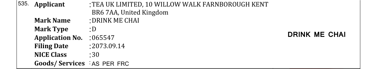 Original bulletin entry for DRINK ME CHAI