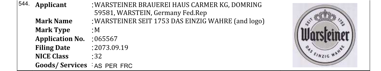 Original bulletin entry for WARSTEINER SEIT 1753 DAS EINZIG WAHRE (and logo)