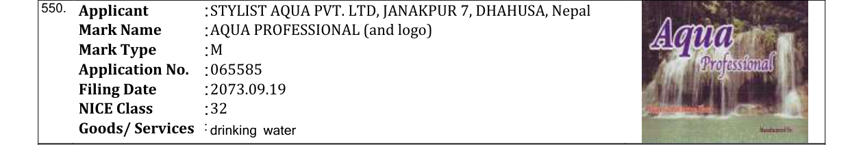 Original bulletin entry for AQUA PROFESSIONAL (and logo)