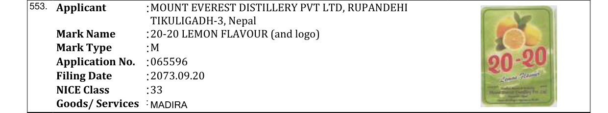 Original bulletin entry for 20-20 LEMON FLAVOUR (and logo)