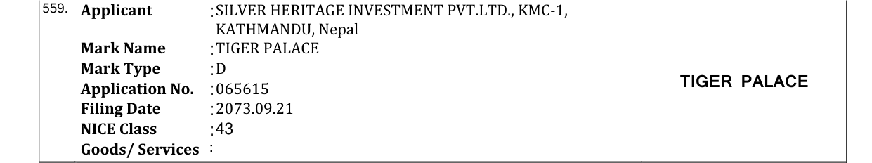 Original bulletin entry for TIGER PALACE
