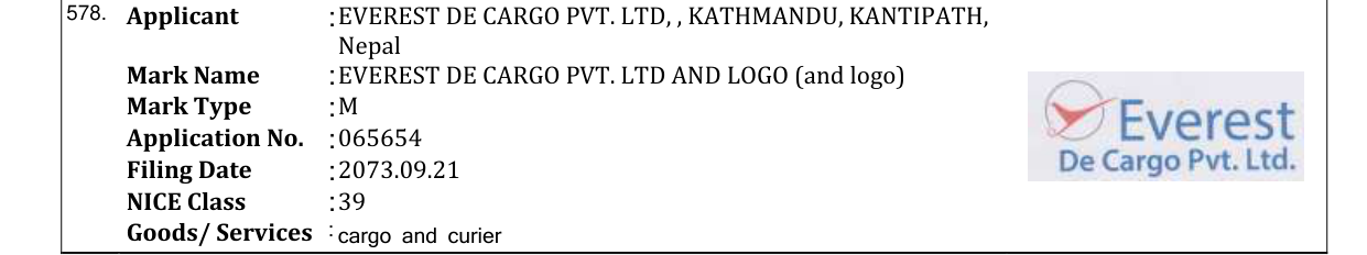 Original bulletin entry for EVEREST DE CARGO PVT. LTD AND LOGO (and logo)