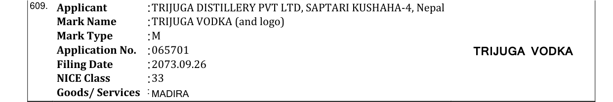 Original bulletin entry for TRIJUGA VODKA (and logo)