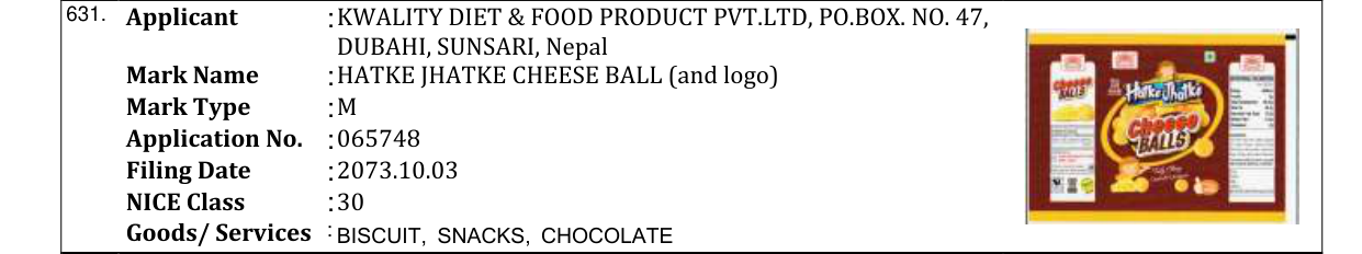 Original bulletin entry for HATKE JHATKE CHEESE BALL (and logo)