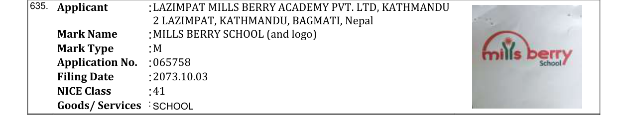 Original bulletin entry for MILLS BERRY SCHOOL (and logo)
