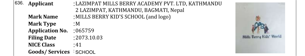 Original bulletin entry for MILLS BERRY KID'S SCHOOL (and logo)