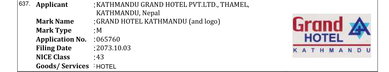 Original bulletin entry for GRAND HOTEL KATHMANDU (and logo)