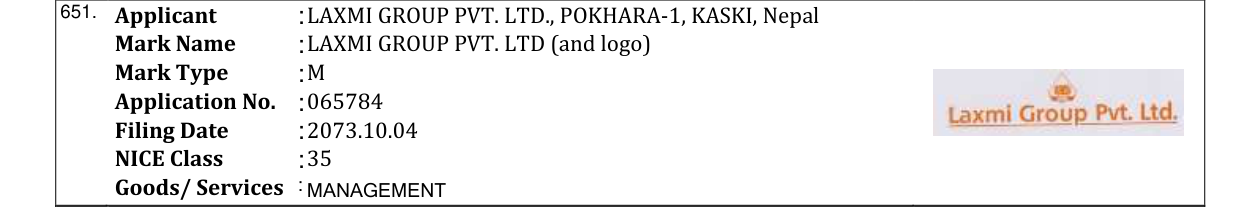 Original bulletin entry for LAXMI GROUP PVT. LTD (and logo)