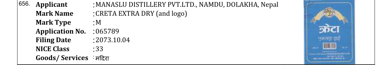 Original bulletin entry for CRETA EXTRA DRY (and logo)