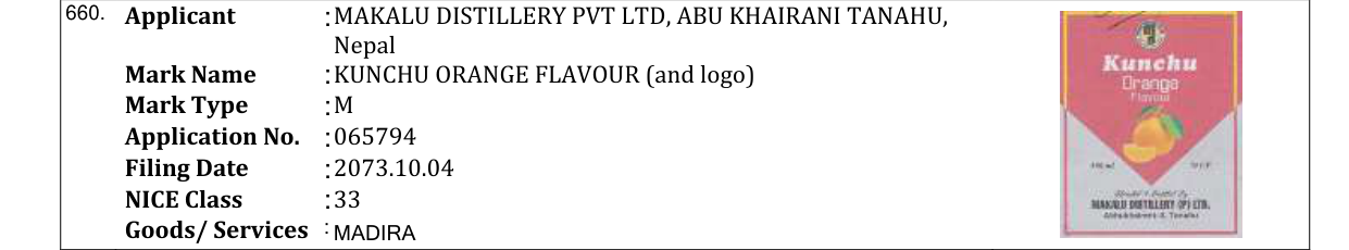 Original bulletin entry for KUNCHU ORANGE FLAVOUR (and logo)