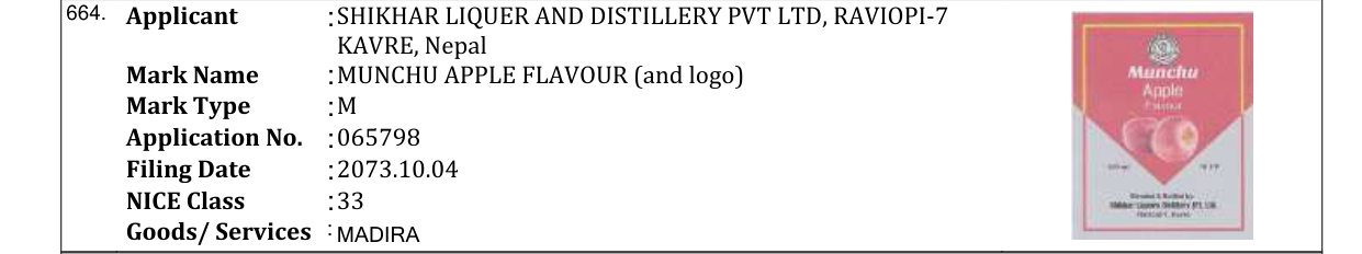 Original bulletin entry for MUNCHU APPLE FLAVOUR (and logo)