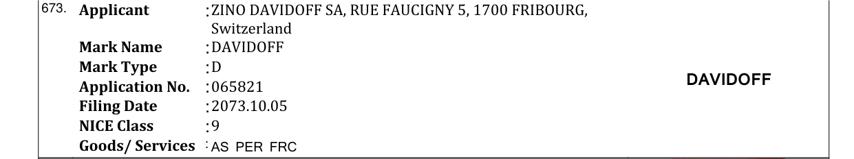 Original bulletin entry for DAVIDOFF