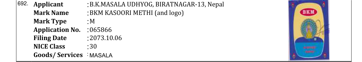 Original bulletin entry for BKM KASOORI METHI (and logo)