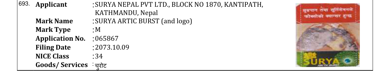 Original bulletin entry for SURYA ARTIC BURST (and logo)