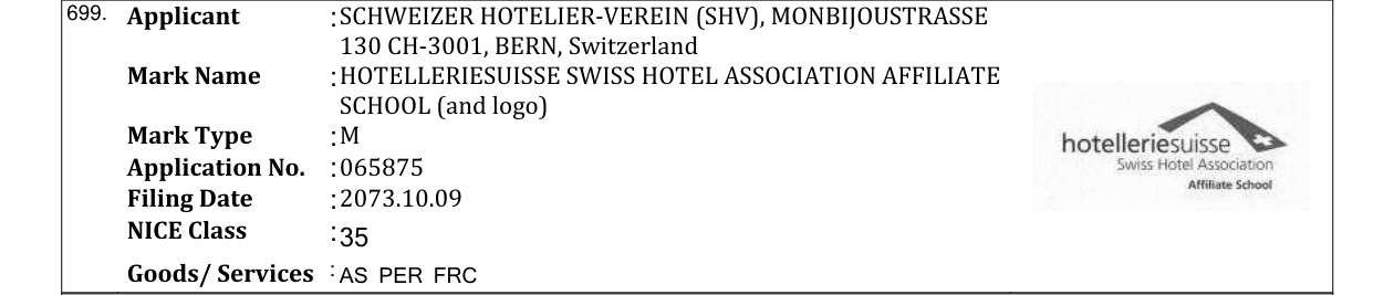 Original bulletin entry for HOTELLERIESUISSE SWISS HOTEL ASSOCIATION AFFILIATE SCHOOL (and logo)