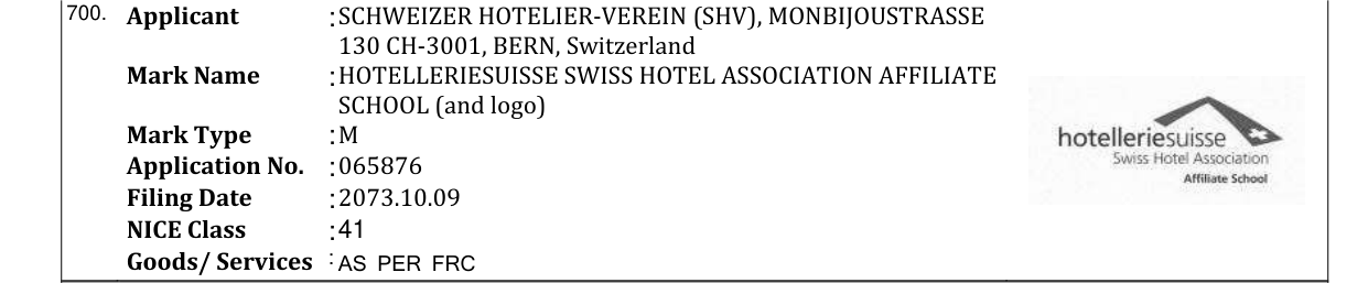 Original bulletin entry for HOTELLERIESUISSE SWISS HOTEL ASSOCIATION AFFILIATE SCHOOL (and logo)