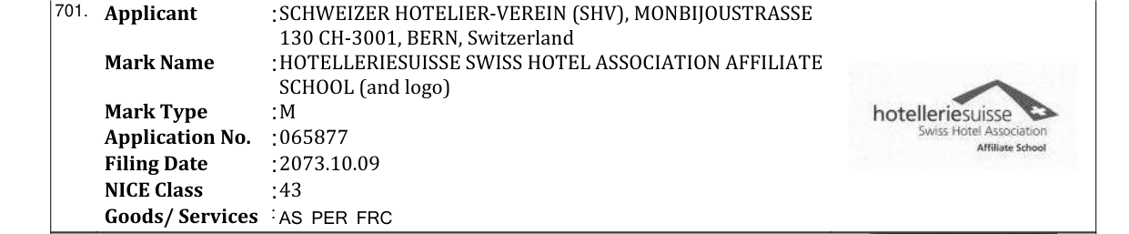 Original bulletin entry for HOTELLERIESUISSE SWISS HOTEL ASSOCIATION AFFILIATE SCHOOL (and logo)