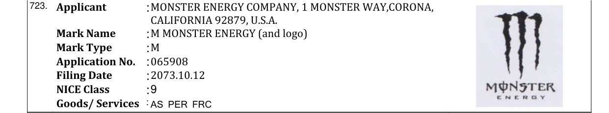 Original bulletin entry for M MONSTER ENERGY (and logo)