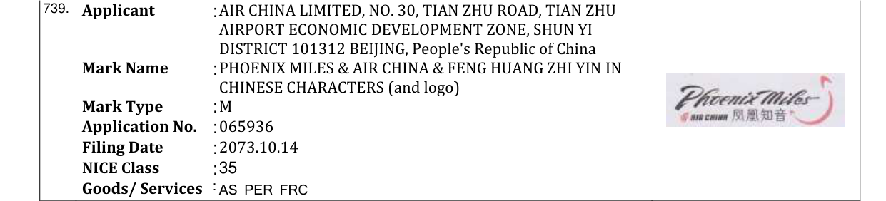 Original bulletin entry for PHOENIX MILES & AIR CHINA & FENG HUANG ZHI YIN IN CHINESE CHARACTERS (and logo)